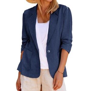 NWT Mina Self Navy Blue Blazer With Ruched Sleeves     Size M